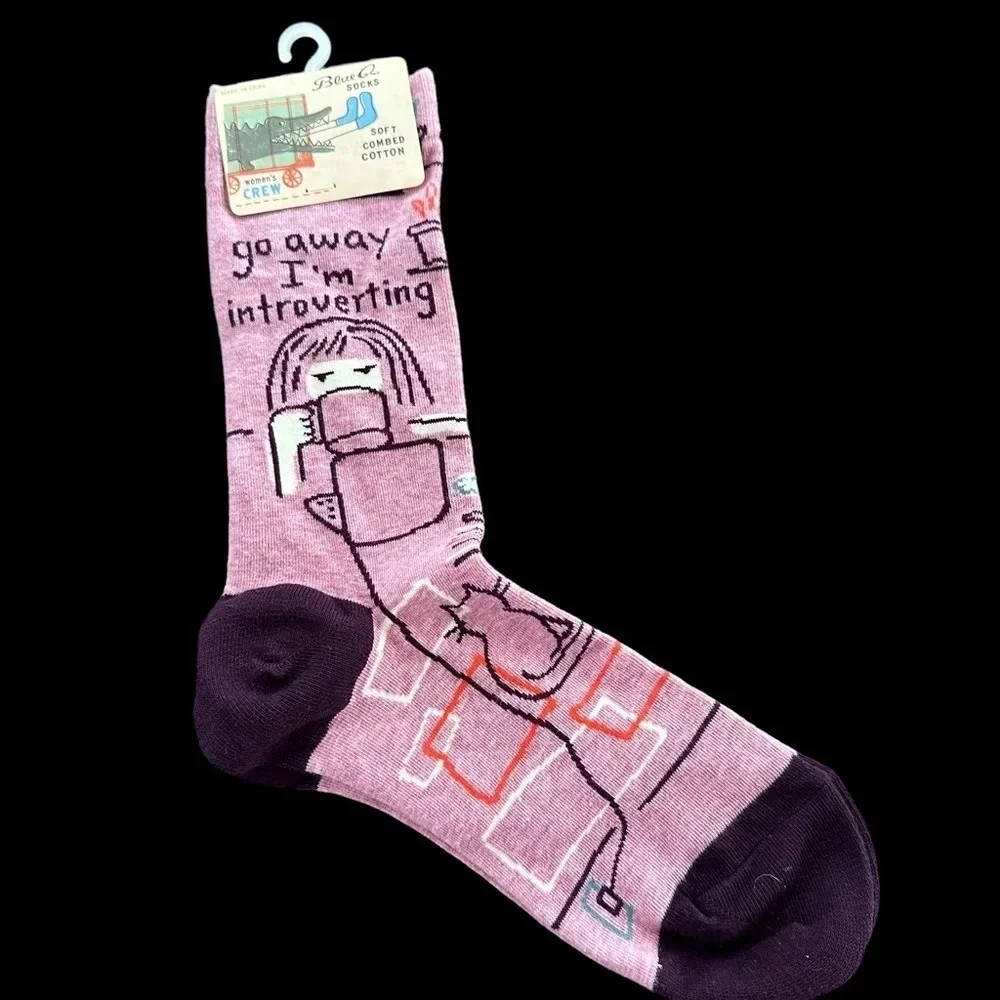 NWT Blue Q‎ Womens Crew Socks Go Away Introvert Cat Mom Novelty Fun Gag Gift New